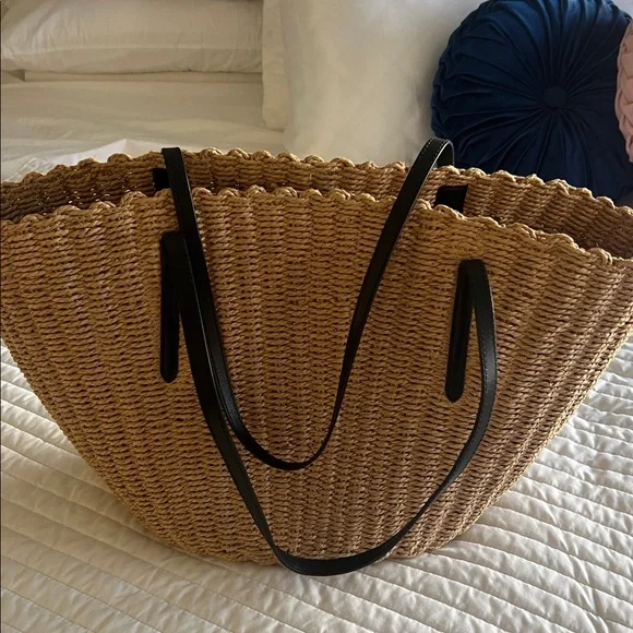 J. Crew Tan Woven Tote Bag with Black Straps - Picture 1 of 4